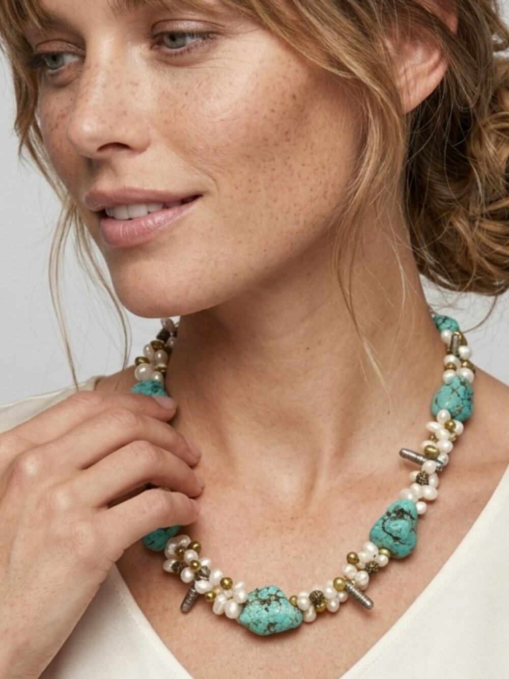 Chunky Turquoise Pearl Brass Beaded Southwestern Necklace Boho Western Jewelry